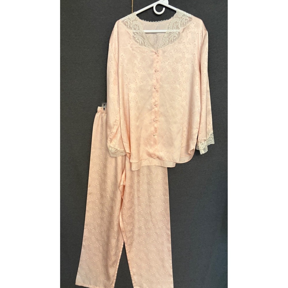 Vintage Pink Satin Jacquard 2pc Pajama Set Medium Lace Trim Button Top Pants